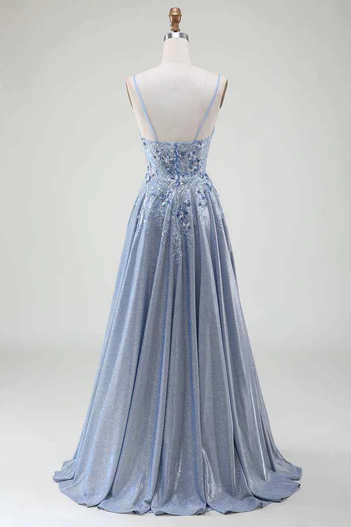 Robe Weitese à paillettes, coupe trapèze, bretelles spaghetti, gris et bleu, robe de soirée longue sans manches avec appliques, robe de bal